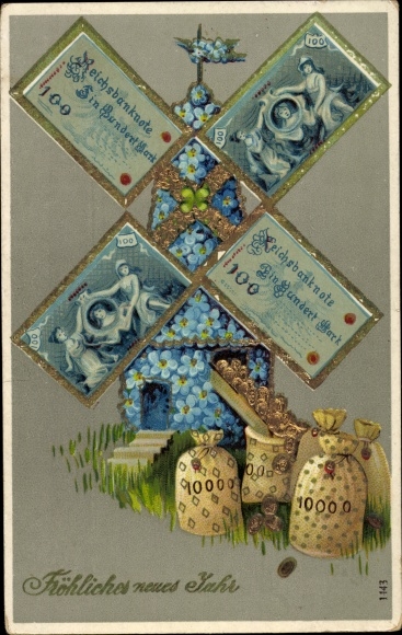 Postcard Happy New Year, bags of money, windmill, forget-me-nots, gold
