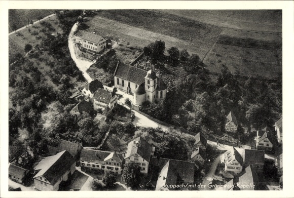 Postcard Stuppach Bad Mergentheim in Tauberfranken, aerial photograph, Grünewald Chapel