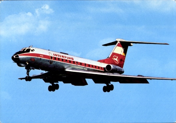 Postcard German passenger aircraft Tupolev TU-134, Interflug, turbine jet airliner
