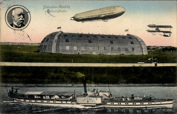 Postcard Dresden Kaditz, airship hangar, Zeppelin, ship Dresden