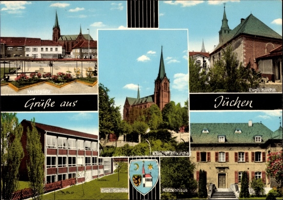 Postcard Jüchen North Rhine Westphalia, marketplace, Ecf. Church, Ecf. School, cat house, parish church