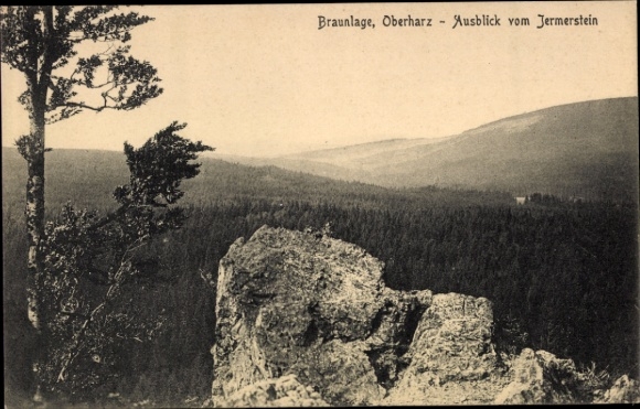 Postcard Braunlage in the Harz Mountains, Upper Harz, view from the Jermerstein, rocks, forest landscape