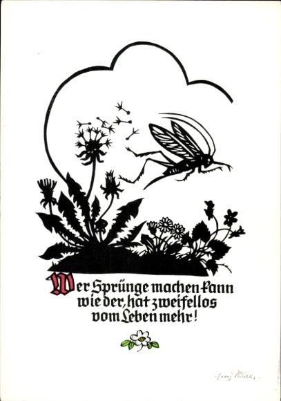 Paper cutting artist Postcard Plischke, G., flowers, grasshopper