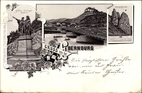 Chromo-Litho Bad Münster Ebernburg, Rheingrafenstein, Hutten-Sickingen monument, bridge