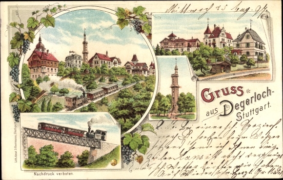 litho Degerloch Stuttgart in Württemberg, oprit van de tandradbaan, toren
