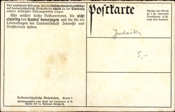 Postcard intermediate trade surcharges on agricultural products in Berlin, 1906/10