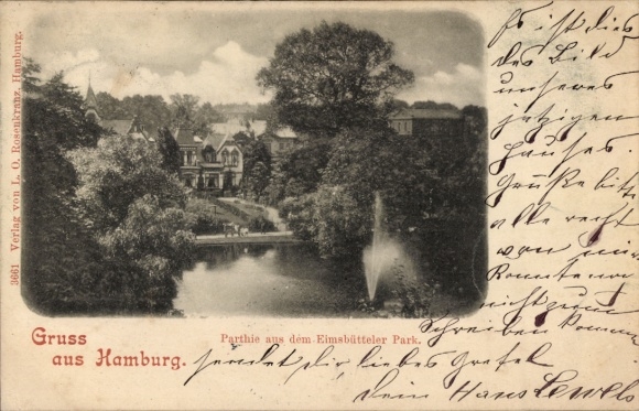 Postcard Hamburg Eimsbüttel, Elmsbütteler Park, fountain