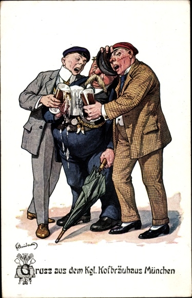 Kunstenaar Ak Quidenus, dronkaards, Hofbräuhaus, bierglazen, Hofbräuhaus München