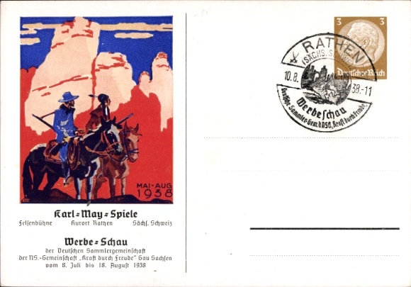 Ganzsachen Ak Kurort Rathen, Felsenbühne, Karl May Spiele, Werbeschau KdF Sammlergruppen 1938