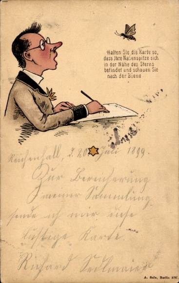 Vexier Postcard Man writes a letter, bee