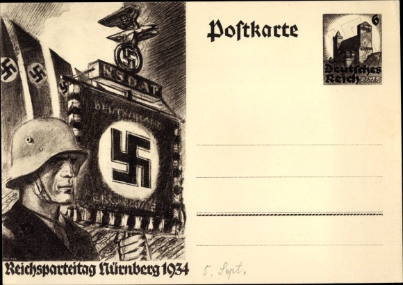 Postal stationery PC Reichsparteitag Nuremberg 1934, NSDAP standard