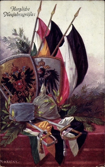 Artist Postcard Kratky, Happy New Year, Brothers in Arms, Flags, Shields