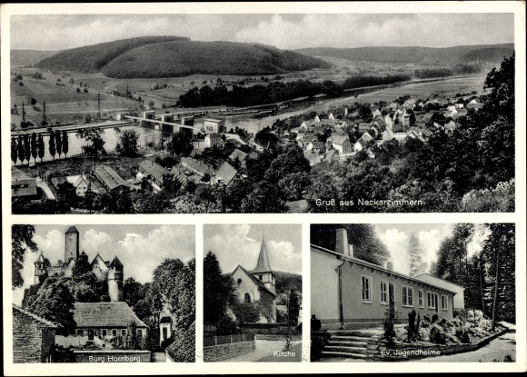 Postcard Neckarzimmern in the Neckar Valley, panorama, Hornberg Castle, church, Protestant youth homes