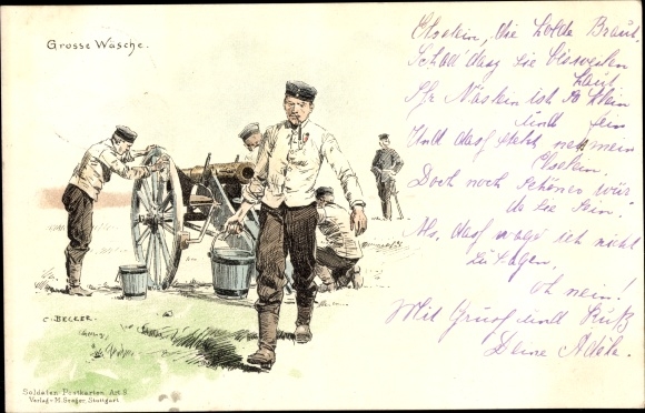 Kunstenaar litho Becker, C., Grote wasplaats, Soldatenleven, Empire-periode