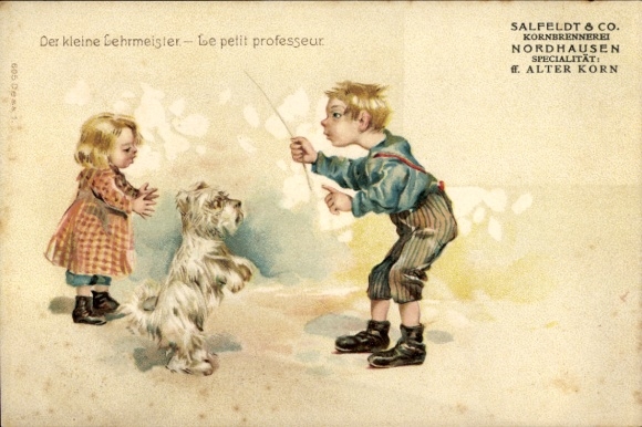 Litho Der kleine Lehrmeister, Kinder, Hund, Brennerei Salfeldt & Co., Reklame