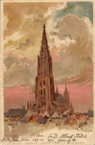 Artist Chromo-Litho Schmohl, P., Ulm on the Danube, city view with Münster