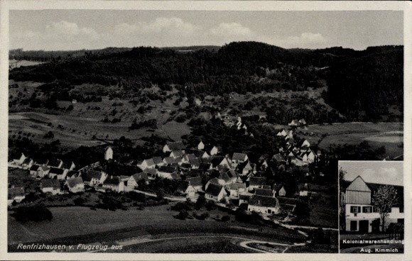 Postcard Renfrizhausen Sulz am Neckar, aerial photograph, grocery store Aug. Kimmich