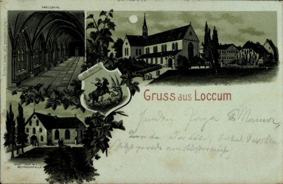 Moonlight Chromo-Litho Rehburg Loccum in Lower Saxony, St. George's Chapel, Cloister