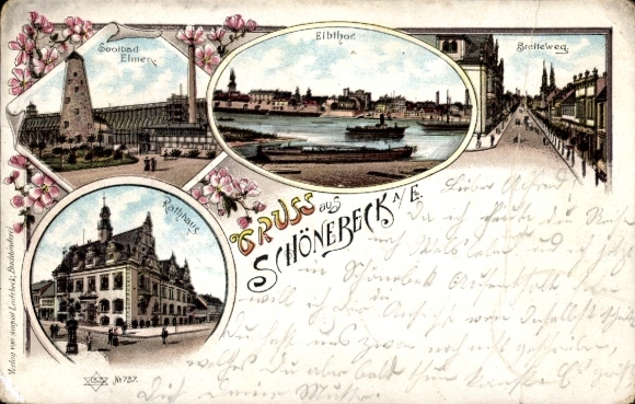 Postcard Schönebeck on the Elbe, with three views, building, water and street