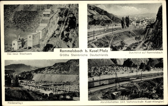 Postcard Rammelsbach in the Palatinate, quarries, new crushing plant, conveyor system, dresser huts