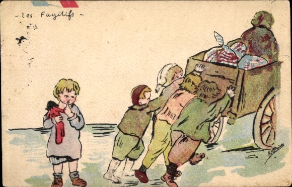 Artist Postcard Les Fugitifs, War Refugees, Children Pushing Carts