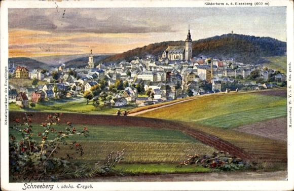 Postcard Schneeberg in the Ore Mountains, panorama of the village, Gleesberg, Köhlerturm