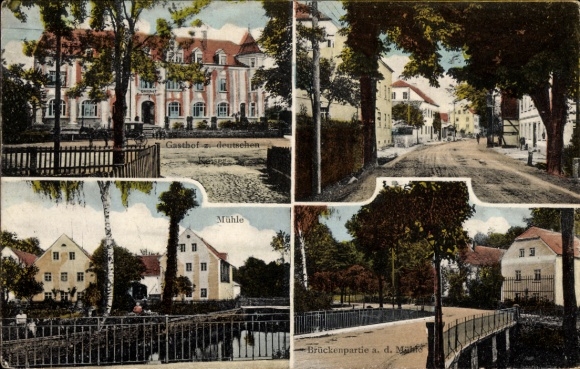 Ak Wiesa Kamenz in der Lausitz, Gasthof zum deutschen Kaiser, Mühle, Brücke, Straße