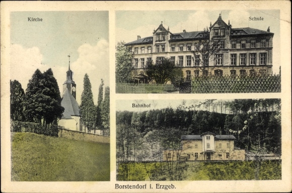 Postcard Borstendorf Grünhainichen Sachsen, church, school, train station
