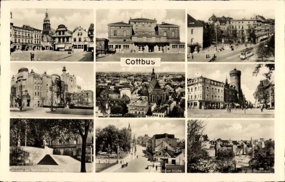 Ak Cottbus in der Niederlausitz,  verschiedene Ansichten, Spremberger Turm, Nationale Erhebung