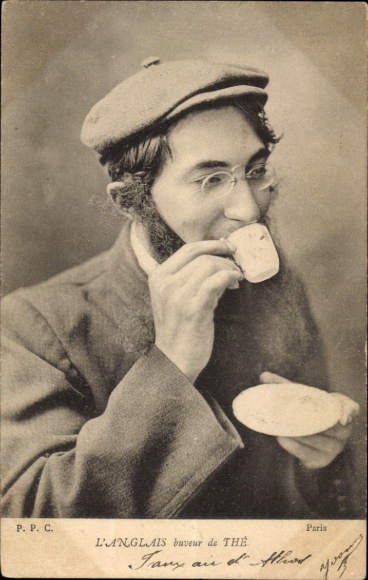 Postcard England, man drinking tea, teacup, plate, hat, portrait