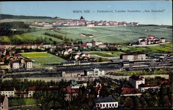 Postcard Vienna 13 Hietzing Hütteldorf, state institutes Am Steinhof, train station