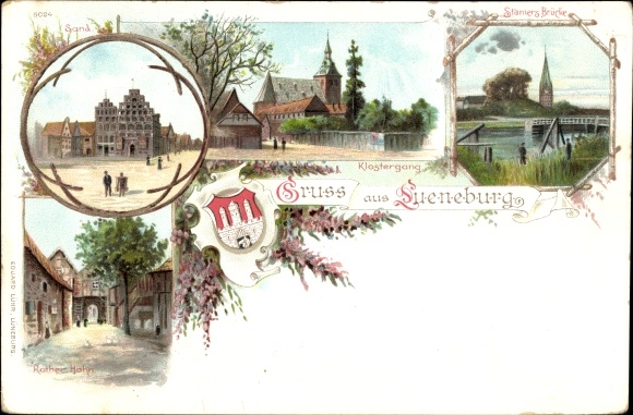 KP Lüneburg w Dolnej Saksonii, most, piasek, klasztor, czerwony kogut, herb