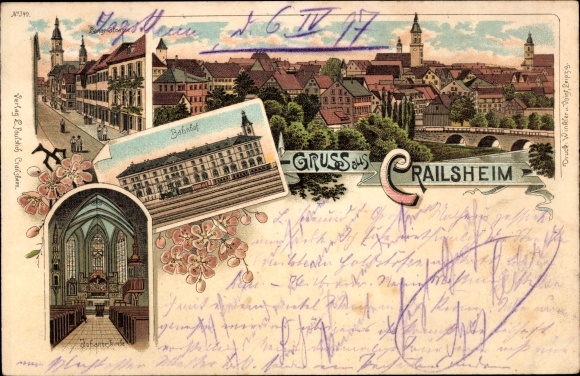 Litho Crailsheim in Württemberg, Bahnhof, Gleisseite, Kirche, Innenansicht, Stadtansicht