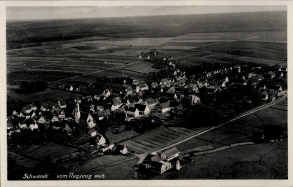 Postcard Schwendi in Upper Swabia, aerial view of residential buildings, fields