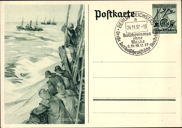 Postwaardestuk ansichtkaart Axster Heudtlass, vissers op volle zee, vissersboten