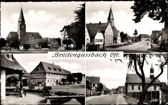 Postcard Breitengüssbach Upper Franconia, street sections, church, half-timbered house
