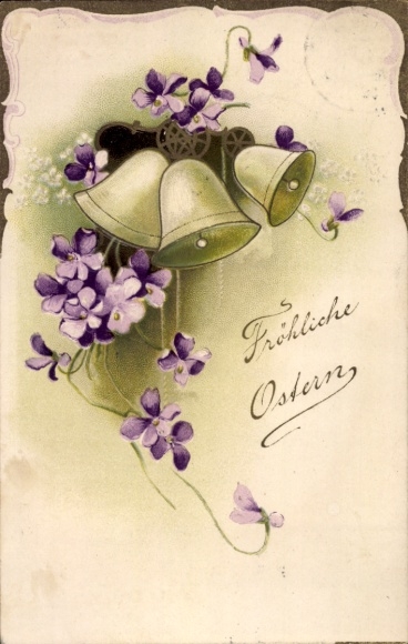 Ak Frohe Ostern, drei Glocken, Blüten