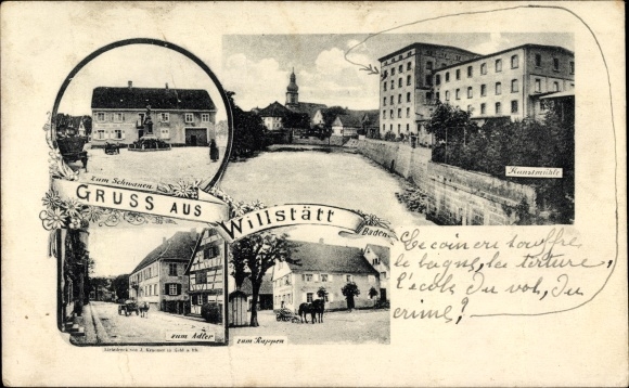 Postcard Willstätt in the Ortenaukreis, inns for swans, for eagles, for rapping, art mill