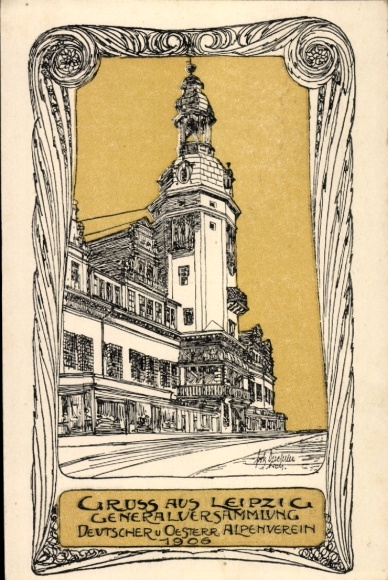 Postwaardekaart briefkaart Leipzig in Saksen, algemene vergadering Duits en Oostenrijks. Alpenclub 1906
