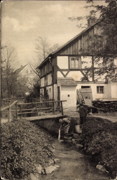 Postcard Bogatynia Reichenau in Lower Silesia, washerwoman at the creek