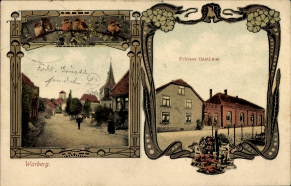 Art Nouveau Passepartout Postcard Warberg Lower Saxony, Prüsses Inn, street section, church tower, birds