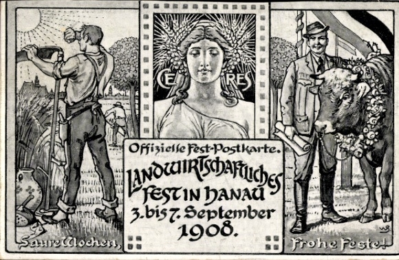 Ak Hanau am Main, Landwirtschaftliches Fest, 3. bis 7. September 1908, Bauern, Festlichkeiten