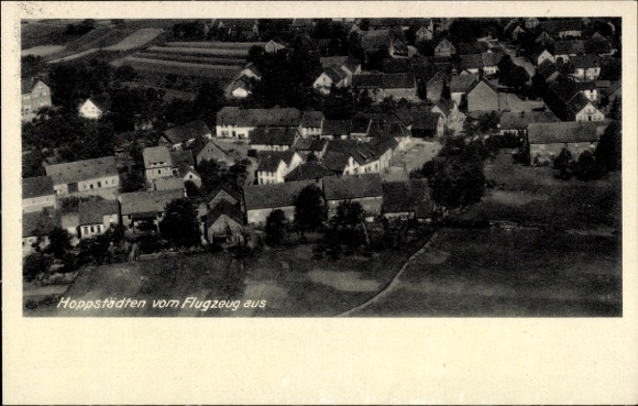 Postcard Hoppstädten Weiersbach in the Nahe valley, aerial view of houses, fields, airplane perspective