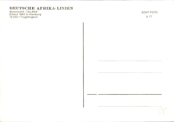 Postcard Motor Ship Talana, Deutsche Afrika Linien
