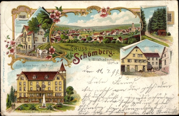 Chromo-Litho Schömberg in the Black Forest Württemberg, New Kurhaus, Inn zum Löwen