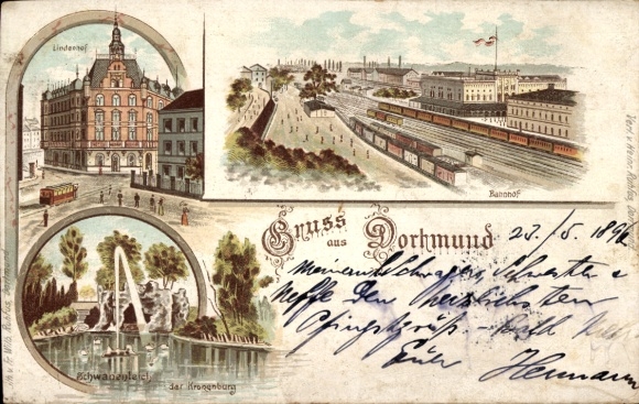Ak Dortmund im Ruhrgebiet, Lindenhof, Bahnhof, Brunnen,  Architektur,  aus Dortmund