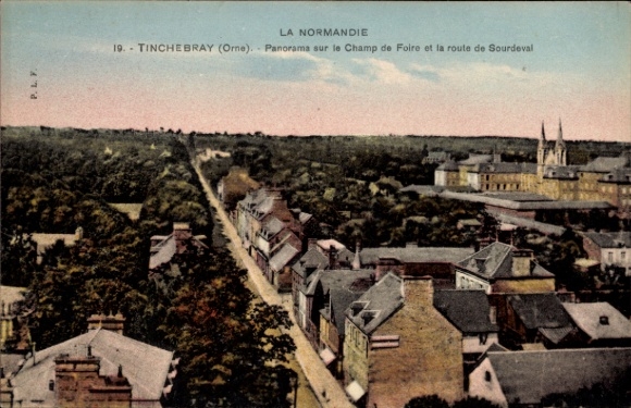 Ak Tinchebray Orne, Panorama, Champ de Foire, Straße nach Sourdeval, La Normandie