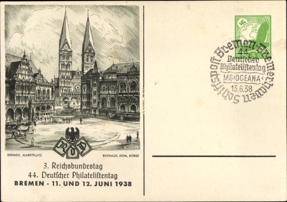 Postal stationery PC Hanseatic City of Bremen, 3rd Reichsbundestag, 44th German Philatelist Day, 11-12. June 1938