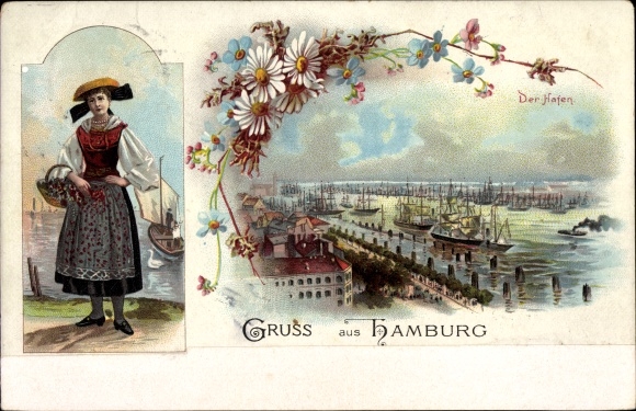 Chromo-Litho Hamburg Mitte Old Town, harbor, woman in traditional costume