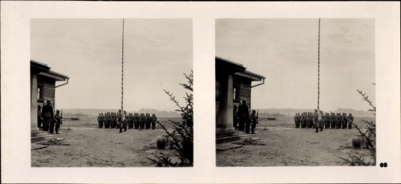Stereo spatial image photo &quot;The Fuhrer&#39;s Soldiers in the Field&quot;, No. 68; Flag parade, German Russian border